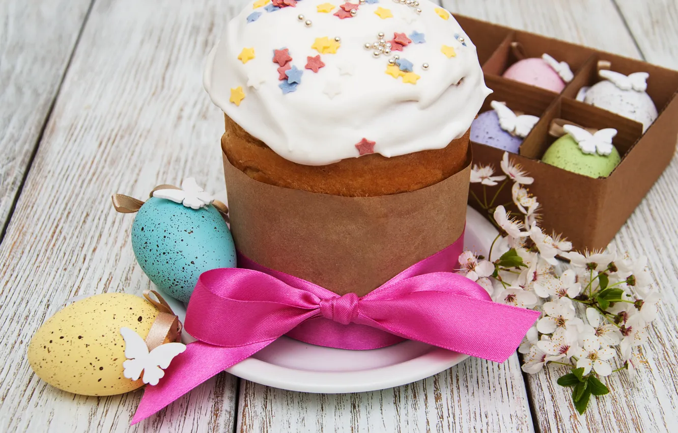 Photo wallpaper flowers, eggs, spring, colorful, Easter, cake, cake, wood