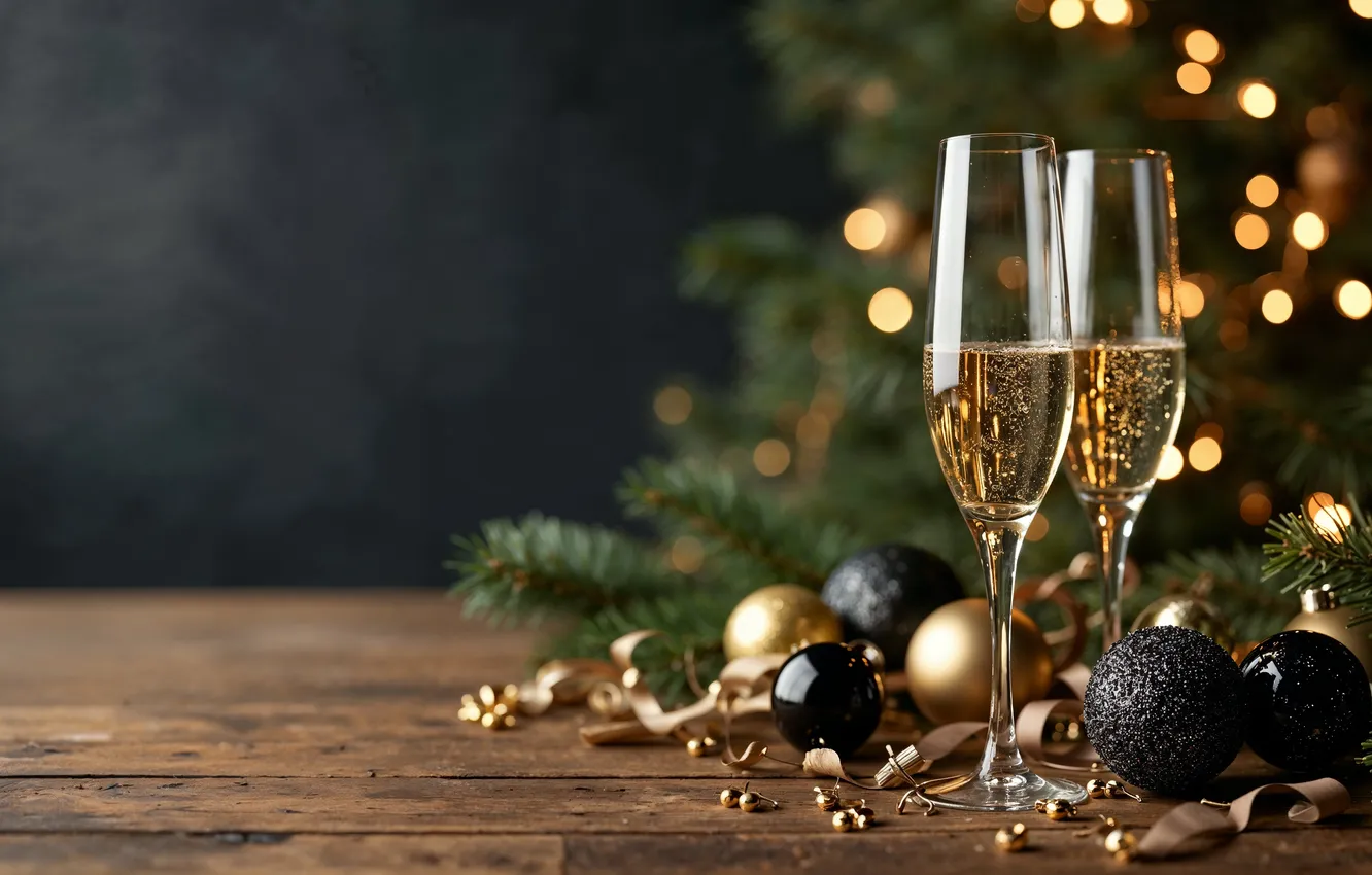Photo wallpaper decoration, balls, glasses, Christmas, New year, golden, new year, champagne