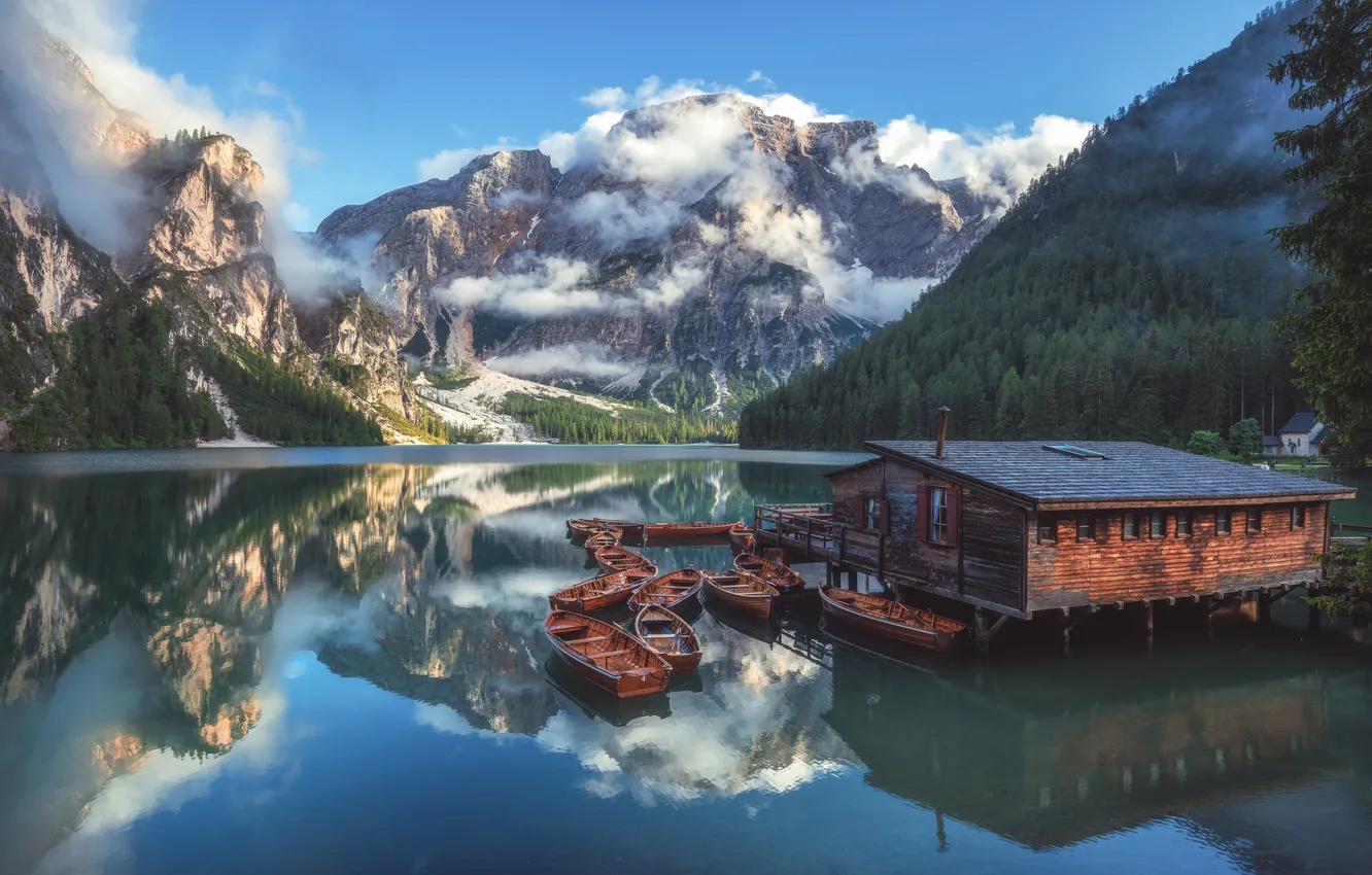 Photo wallpaper mountains, boat, house, pond