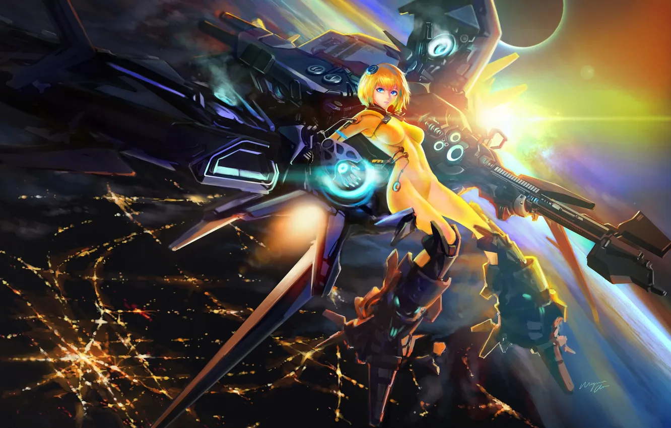 Photo wallpaper the sky, girl, the sun, sunset, the city, lights, robot, anime