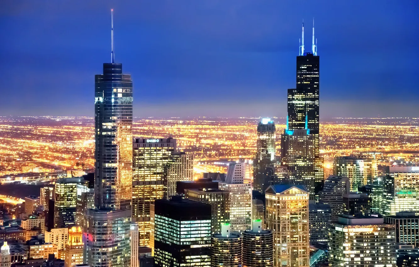 Photo wallpaper night, city, lights, skyscrapers, Chicago, USA, USA, America