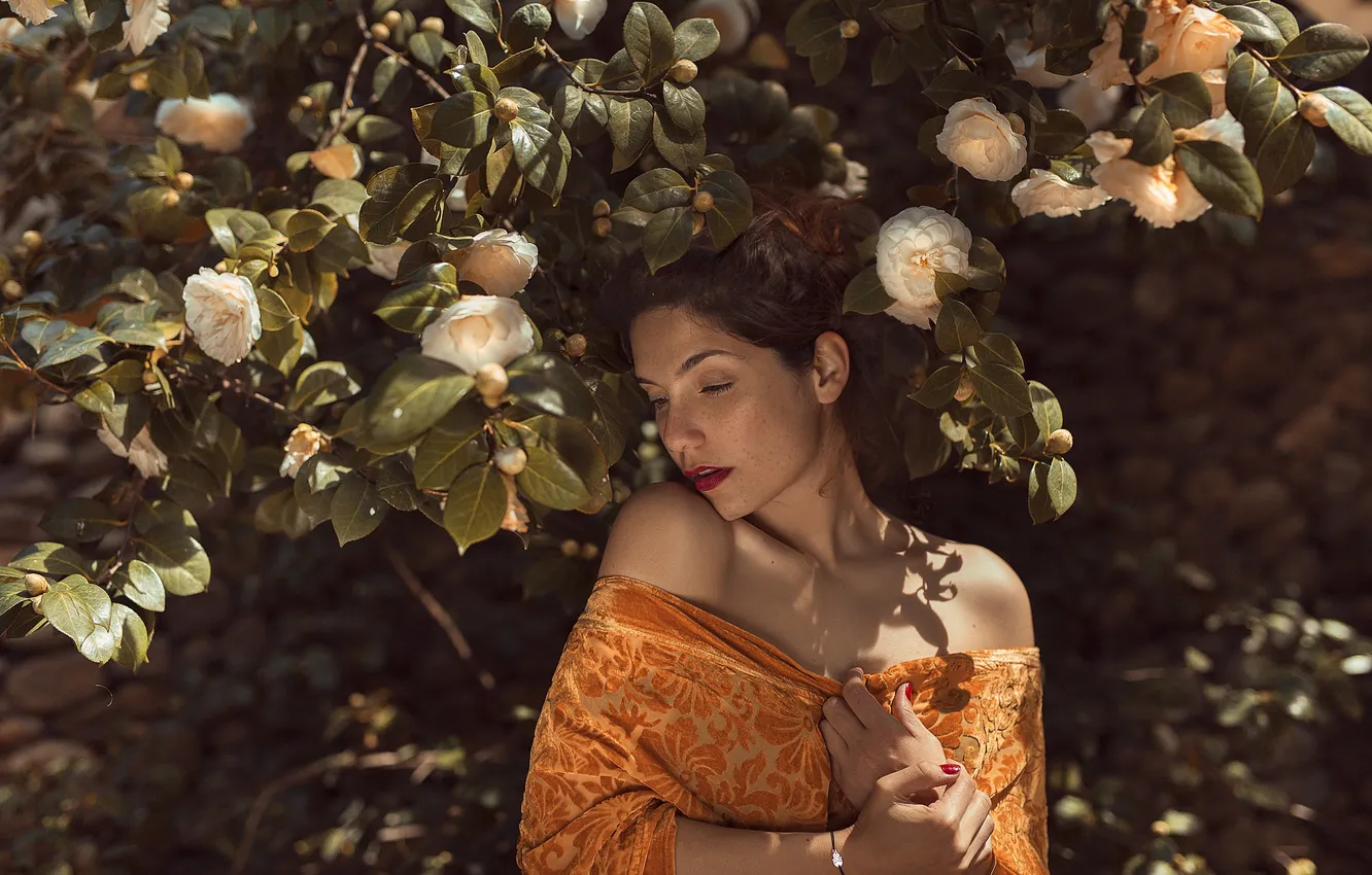 Photo wallpaper girl, face, background, shoulders