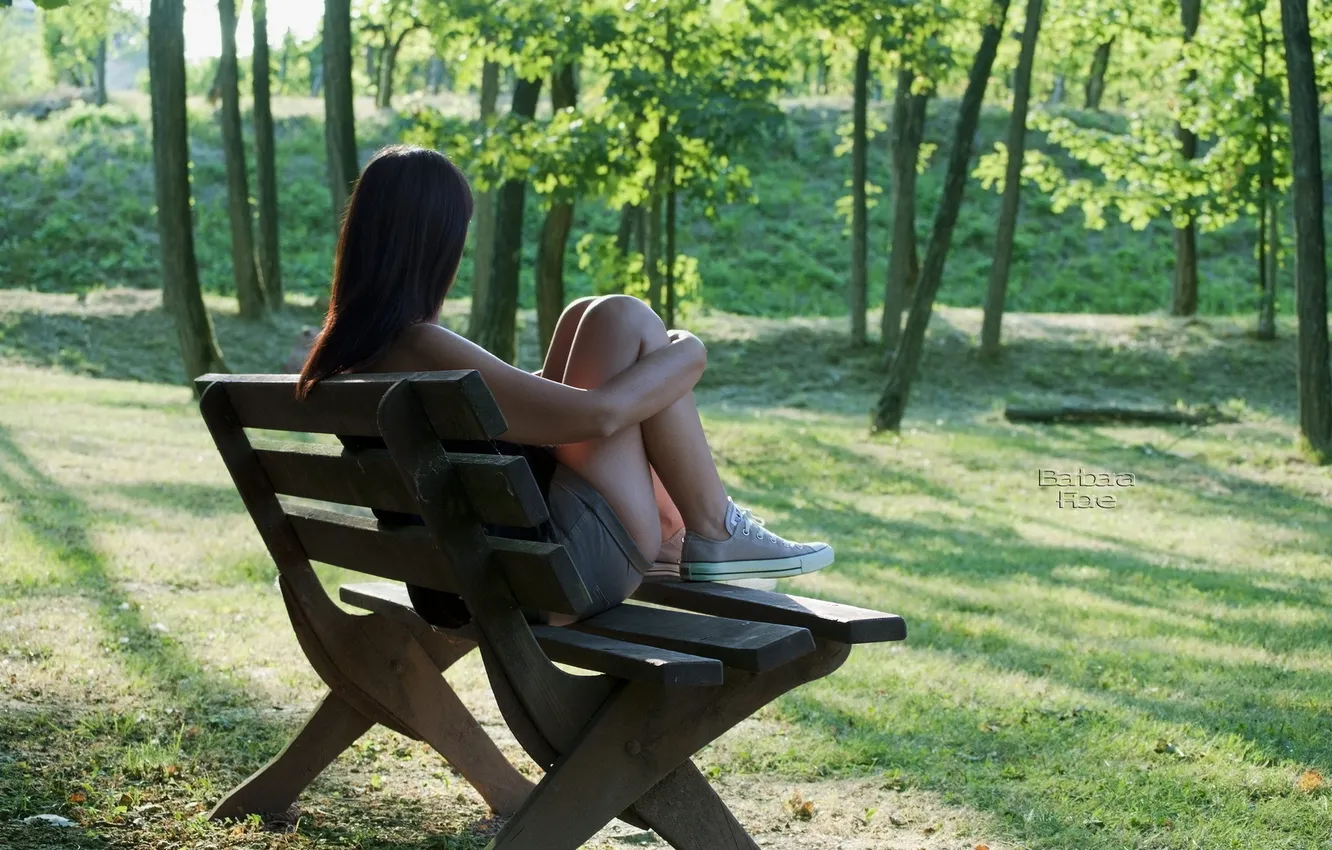 Photo wallpaper girl, Park, mood, bench