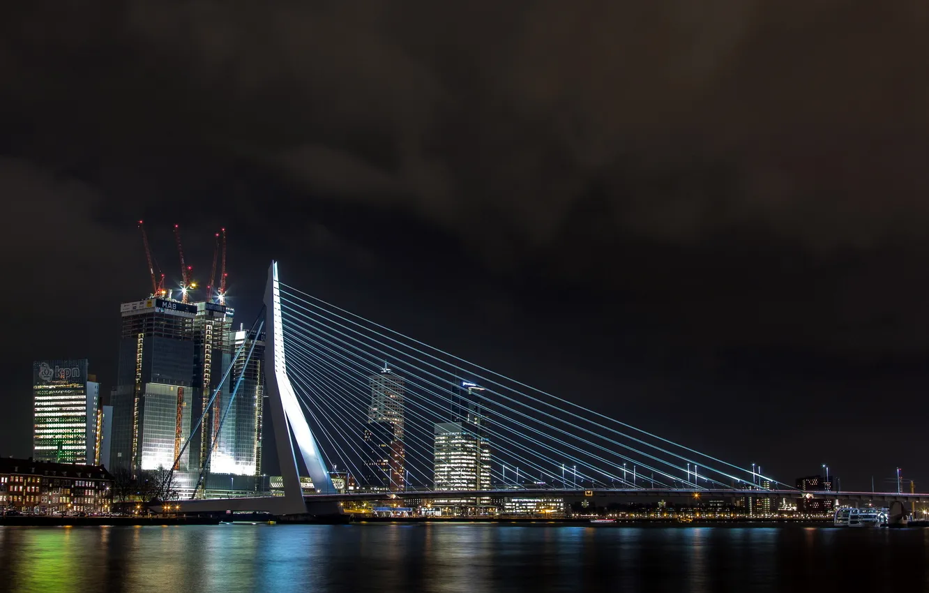 Photo wallpaper night, Rotterdam, Erasmus Bridge