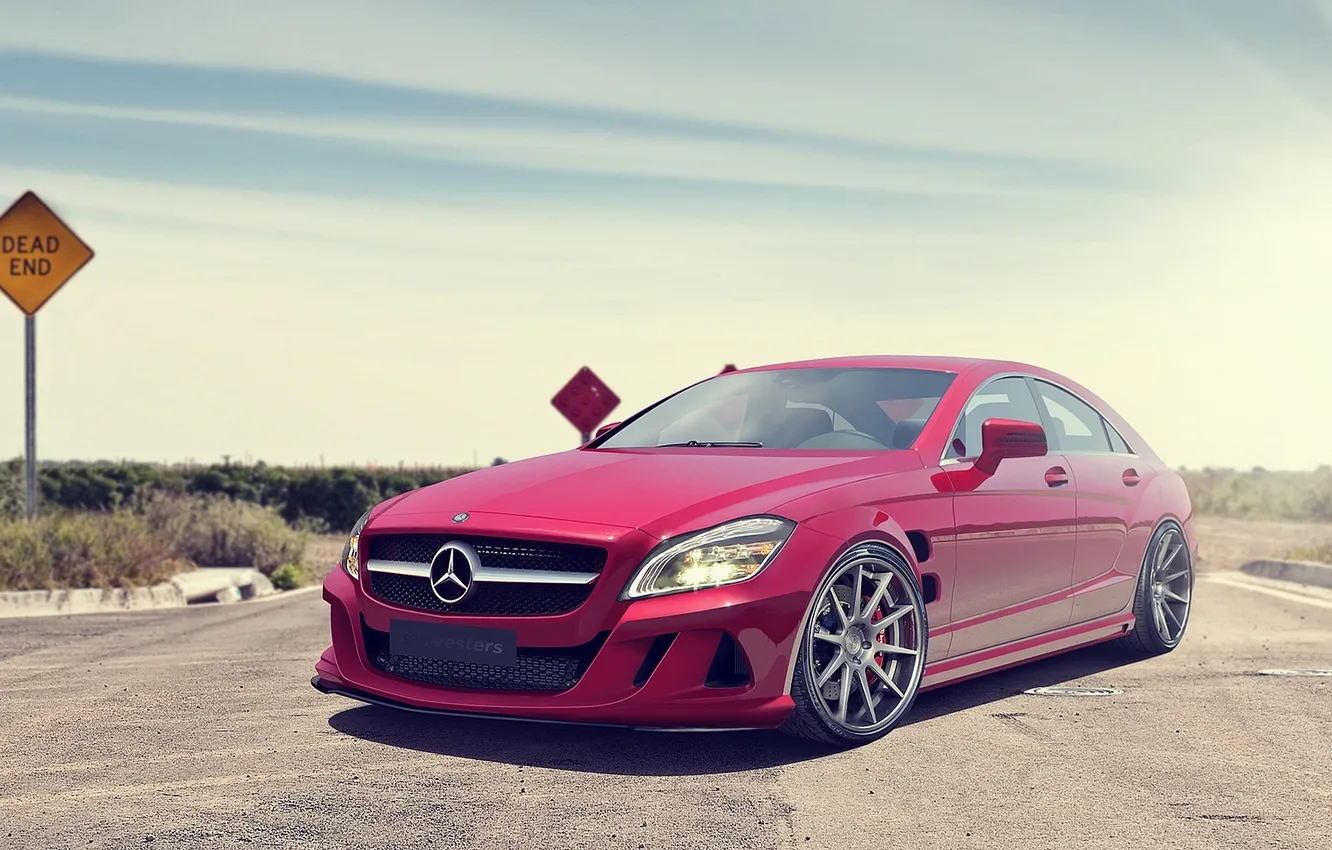 Photo wallpaper road, red, red, Mersedes-Benz, signs.