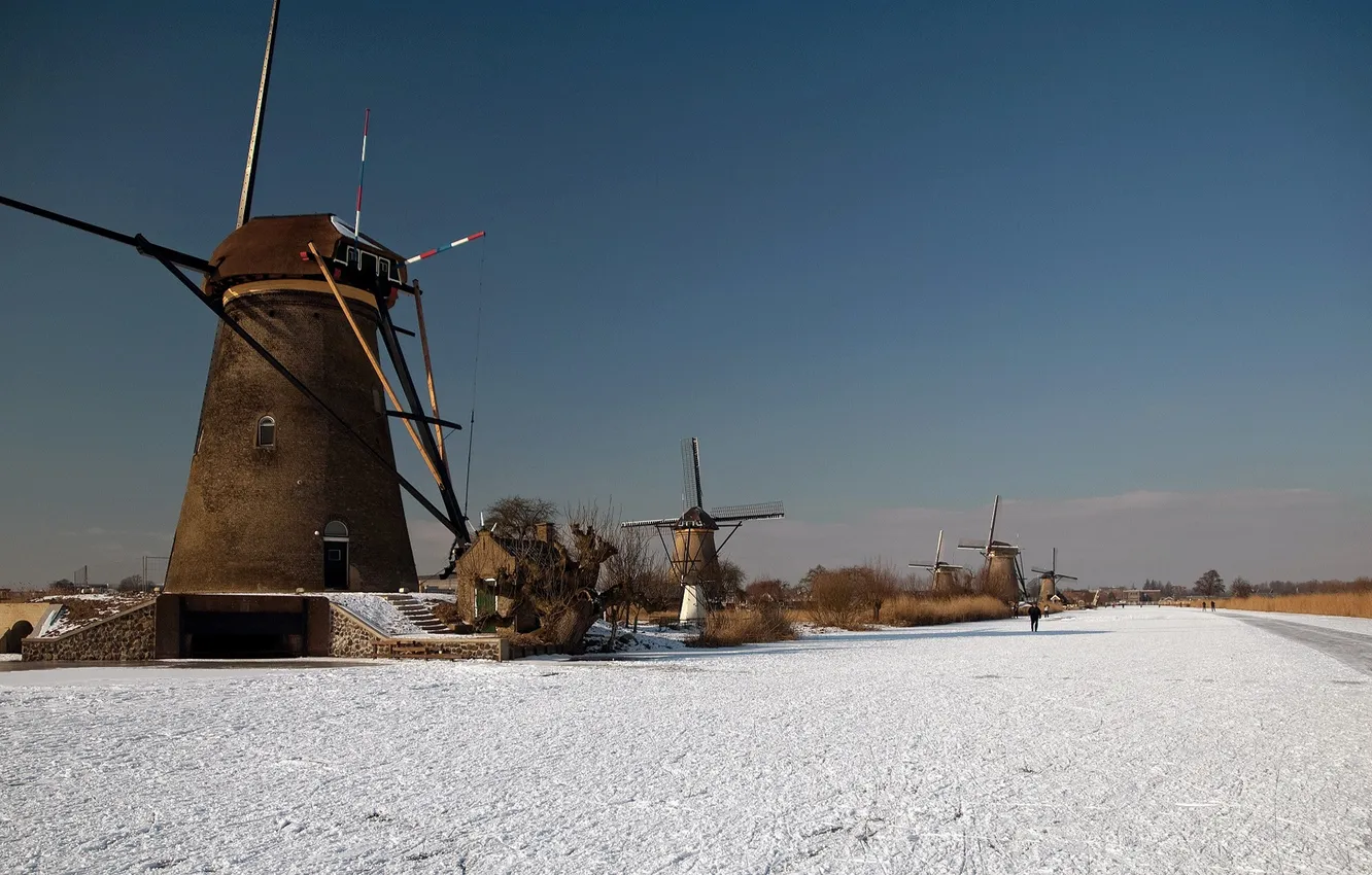 Photo wallpaper ice, winter, the sky, channel, windmill