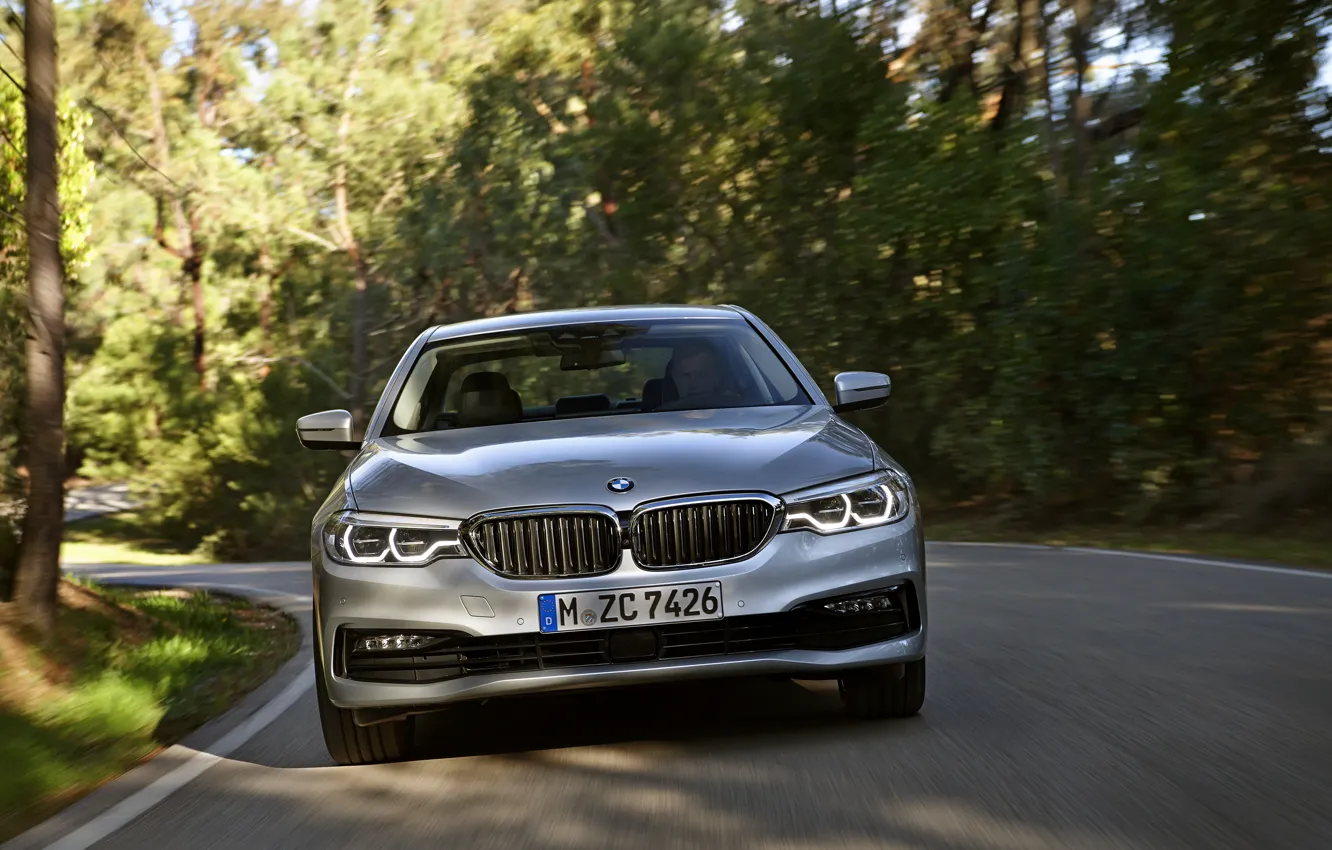 Photo wallpaper road, trees, grey, BMW, sedan, front view, hybrid, 5