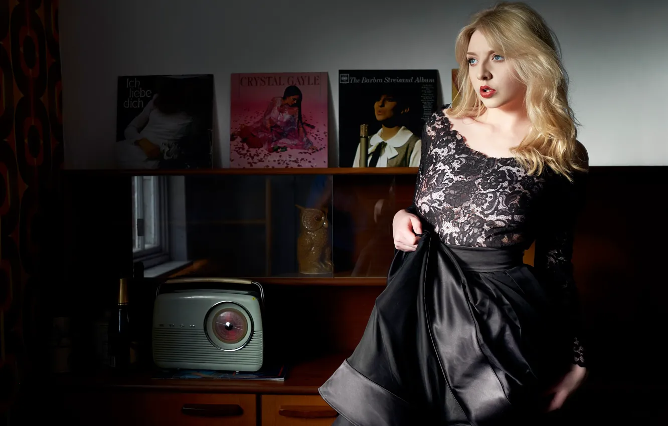 Photo wallpaper girl, dress, record, radio