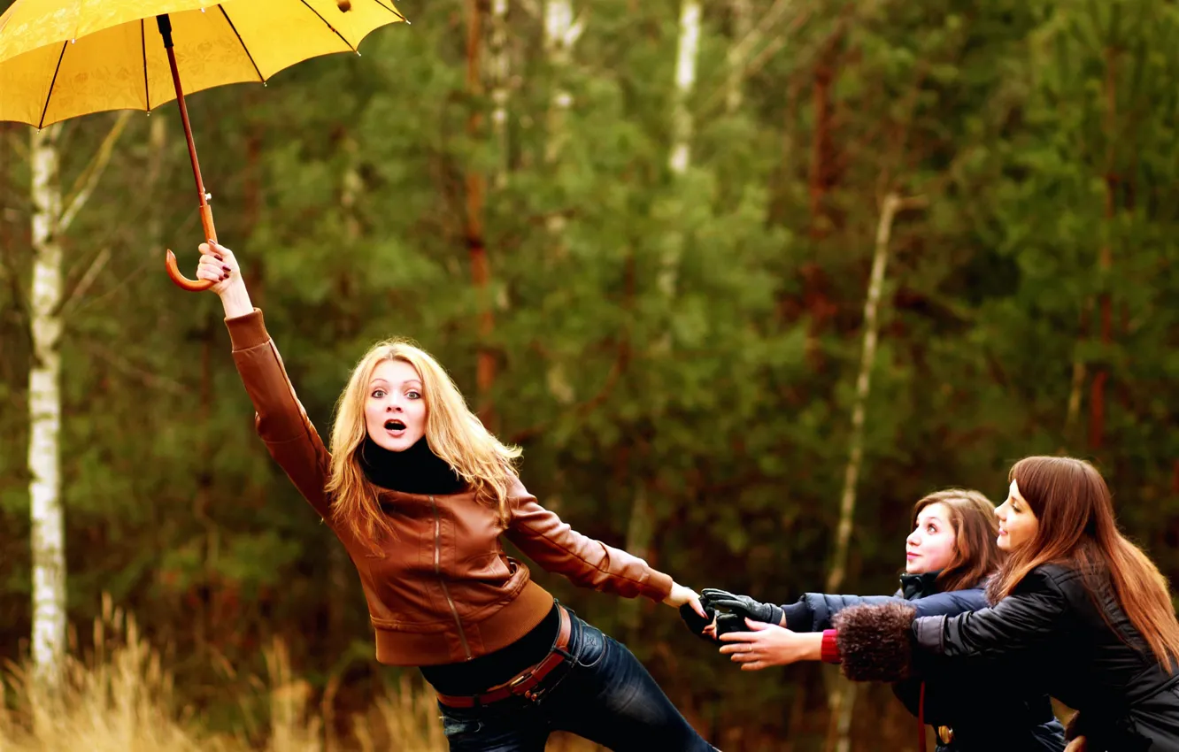 Photo wallpaper forest, girl, nature, the wind, umbrella, blonde, brown hair, trio