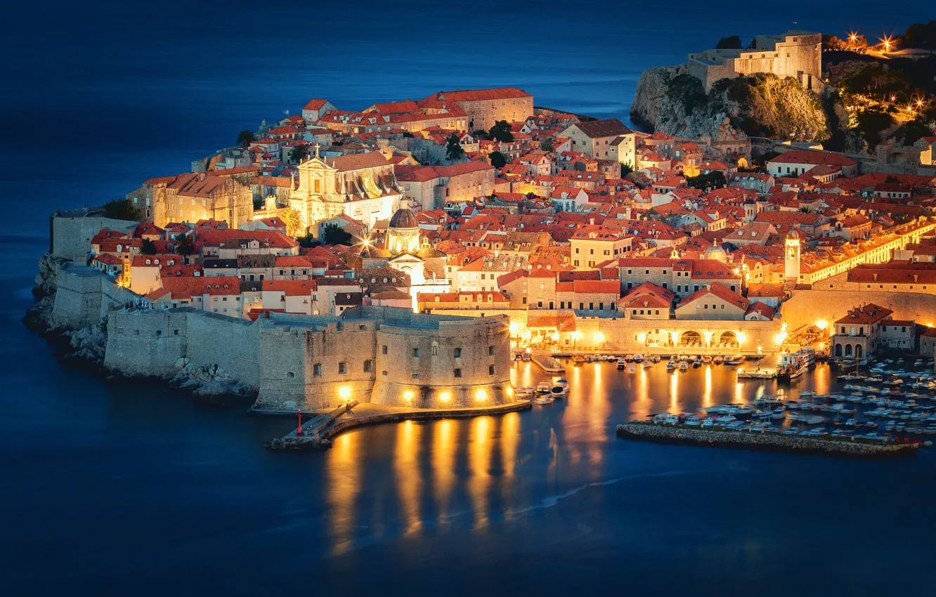 Photo wallpaper sea, building, home, fortress, night city, Croatia, Croatia, Dubrovnik