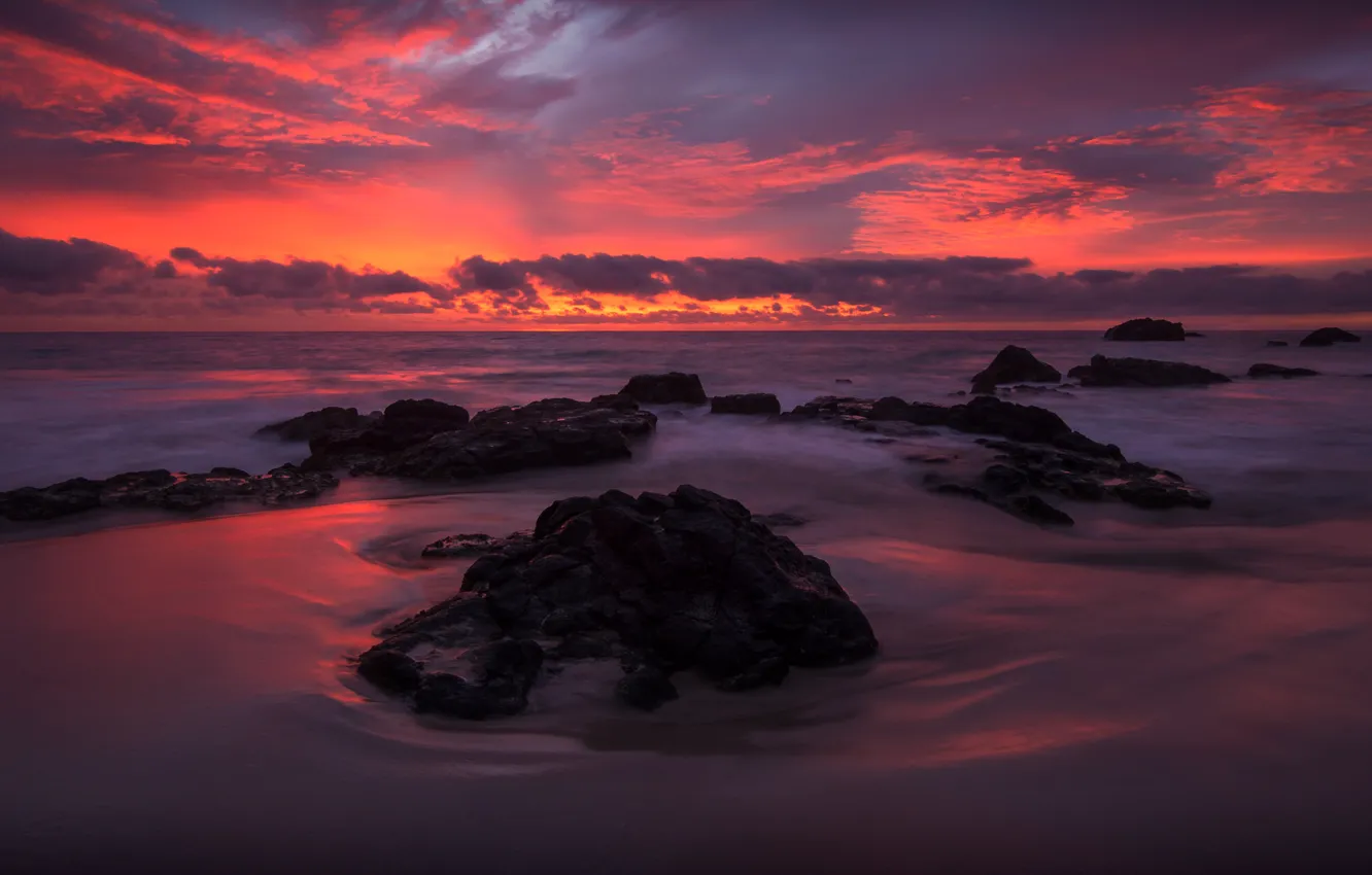 Photo wallpaper sand, wave, beach, sunset, stones, the ocean, island, horizon
