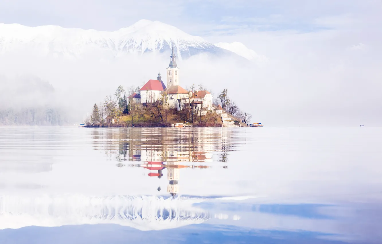 Photo wallpaper snow, mountains, lake, island, home, Church, Slovenia, Bled