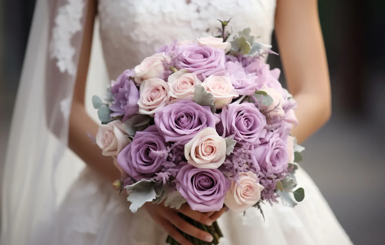 Photo wallpaper girl, flowers, roses, bouquet, hands, white, the bride, white dress