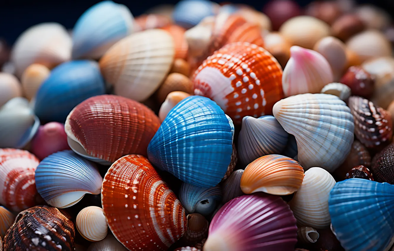 Photo wallpaper shore, shell, starfish, seashells, seashell, AI art, neural network