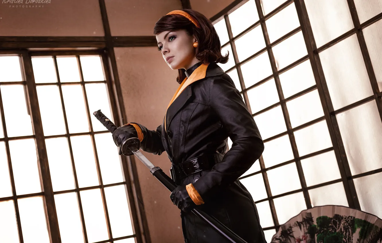 Photo wallpaper pose, model, sword, katana, makeup, brunette, hairstyle, gloves