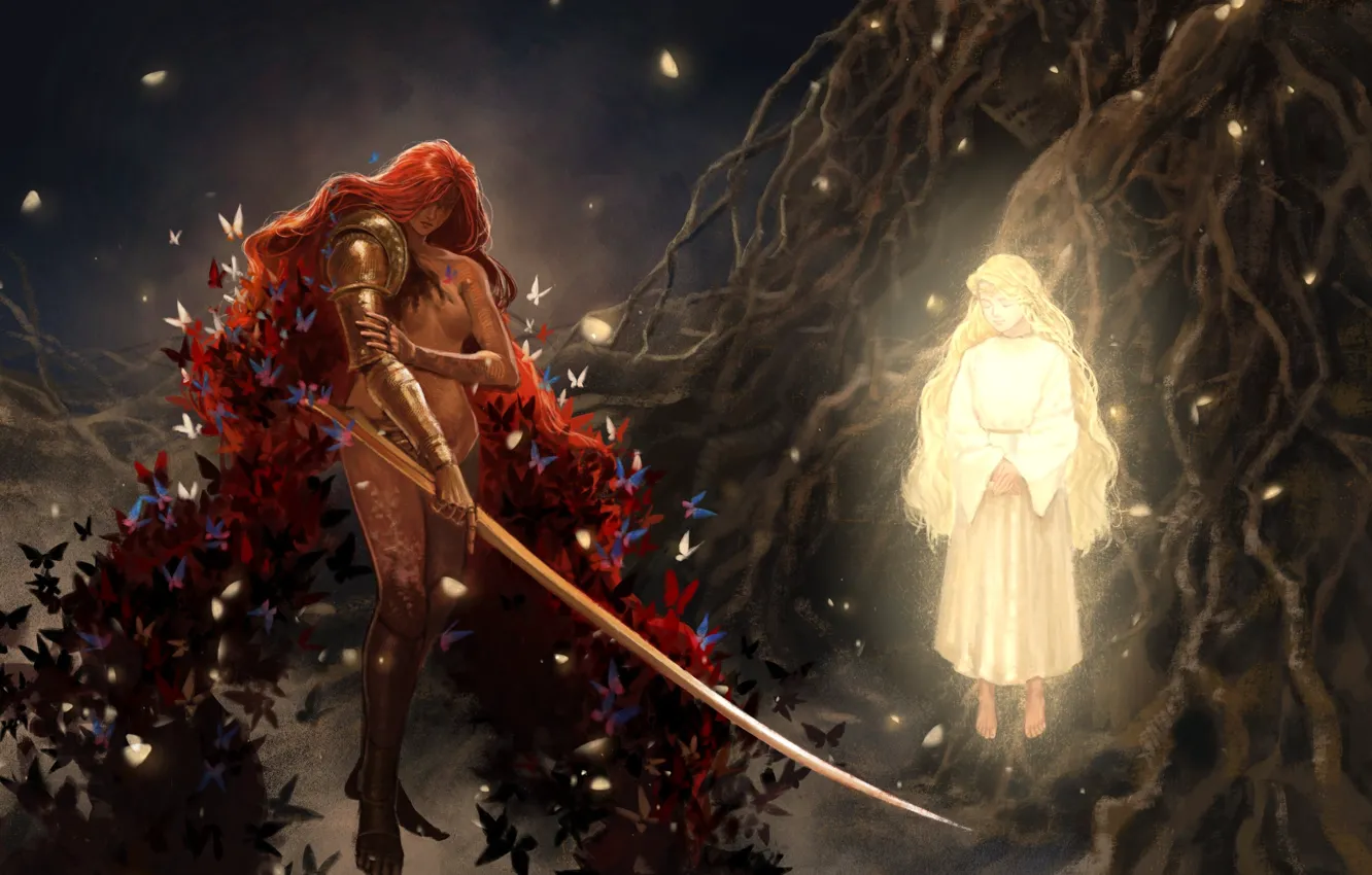 Photo wallpaper girl, roots, butterfly, fantasy, teen, Elden Ring, Malenia, Blade of Miquella