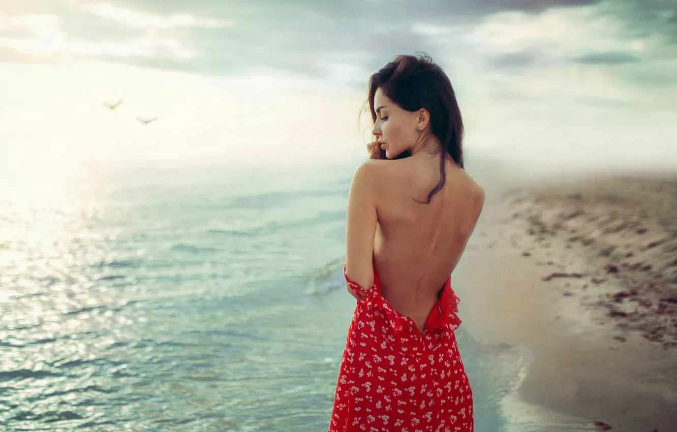 Photo wallpaper sea, water, girl, the wind, shore, back, dress, Margarita