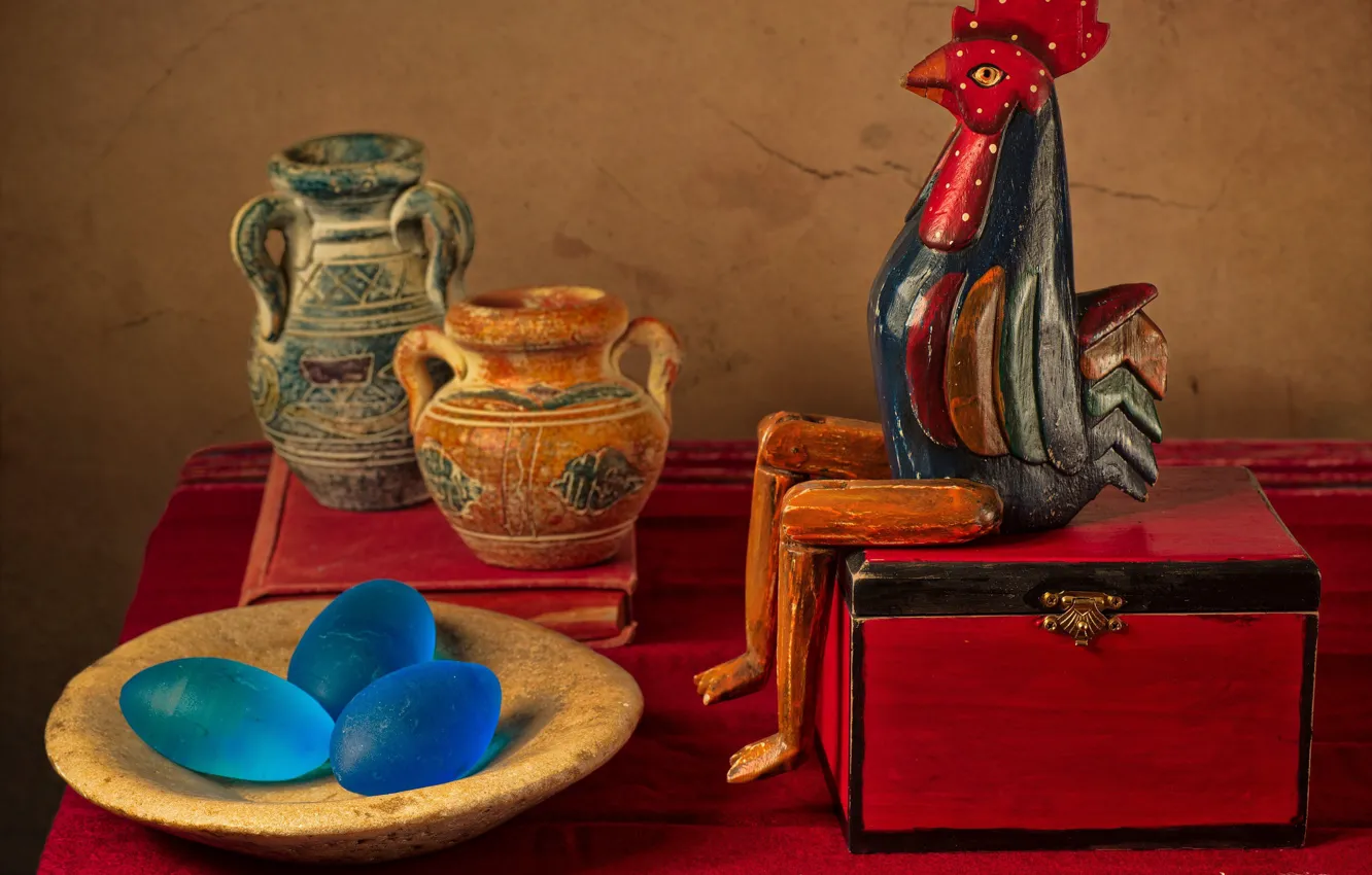 Photo wallpaper pitcher, blue, red, figures, cock, book, sitting, eggs