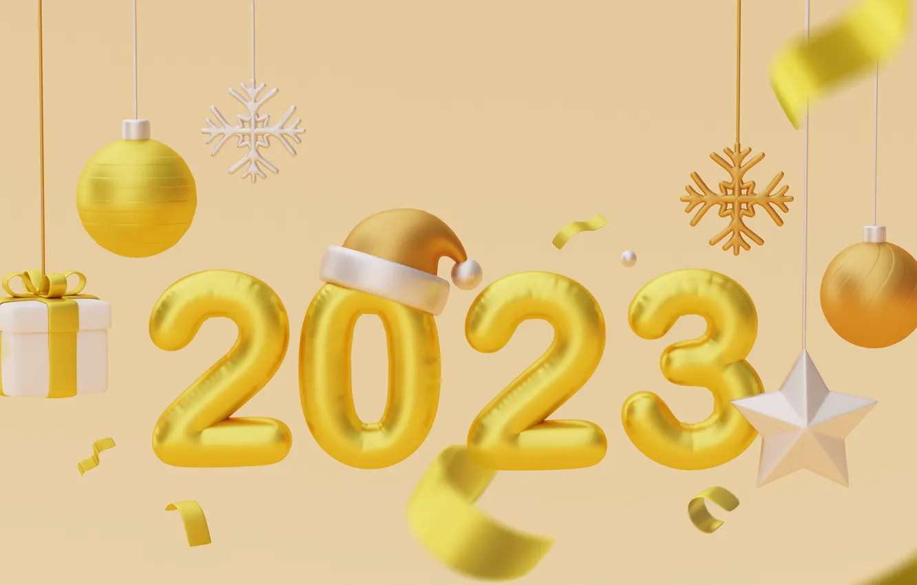 Photo wallpaper stars, balls, snowflakes, yellow, rendering, box, gift, balls