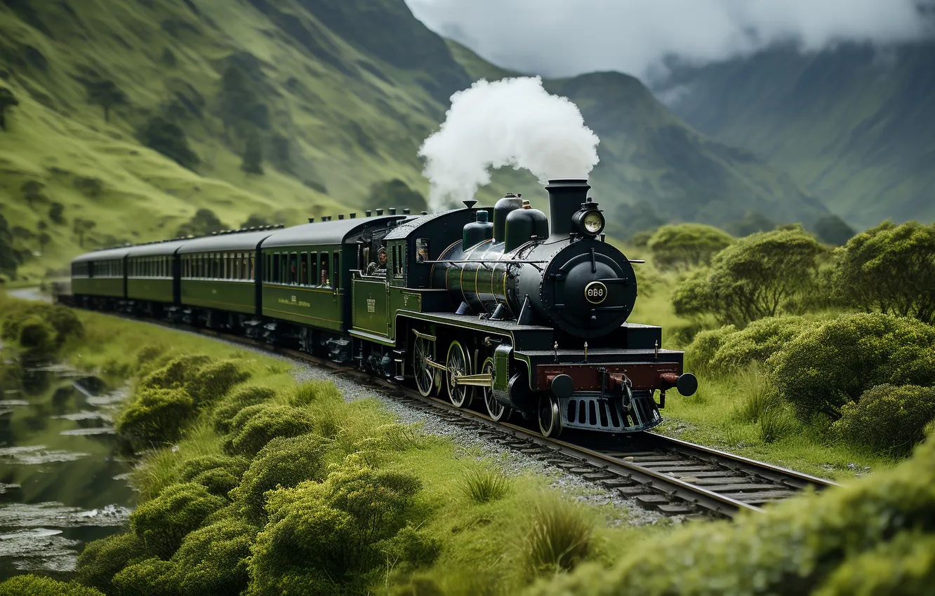 Photo wallpaper trees, mountains, smoke, the engine, railroad, digital art, AI art, The Art of Artificial Intelligence