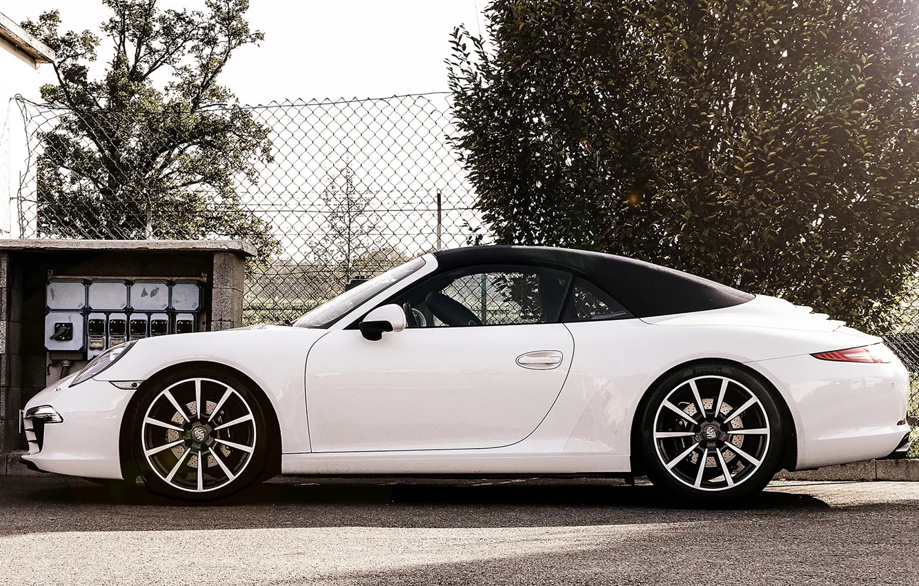 Photo wallpaper white, the sun, trees, the fence, Porsche, white, convertible, Porsche