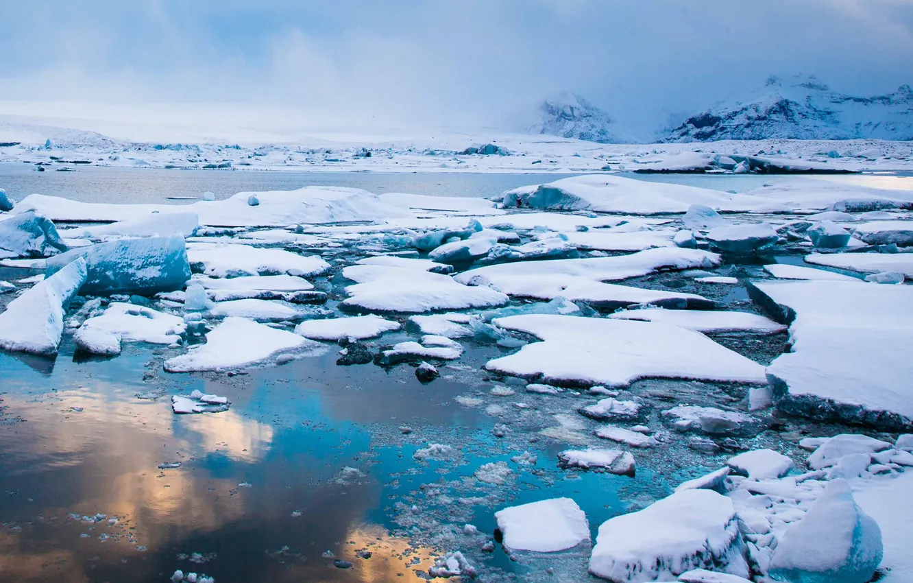 Photo wallpaper ice, winter, the sky, water, snow, mountains, nature, reflection