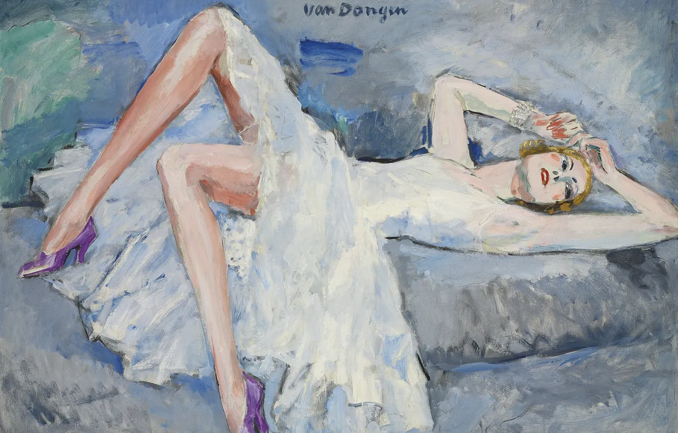 Photo wallpaper oil, dress, blonde, canvas, 1921, Kees van Dongen, Purple shoes, the girl on the bed