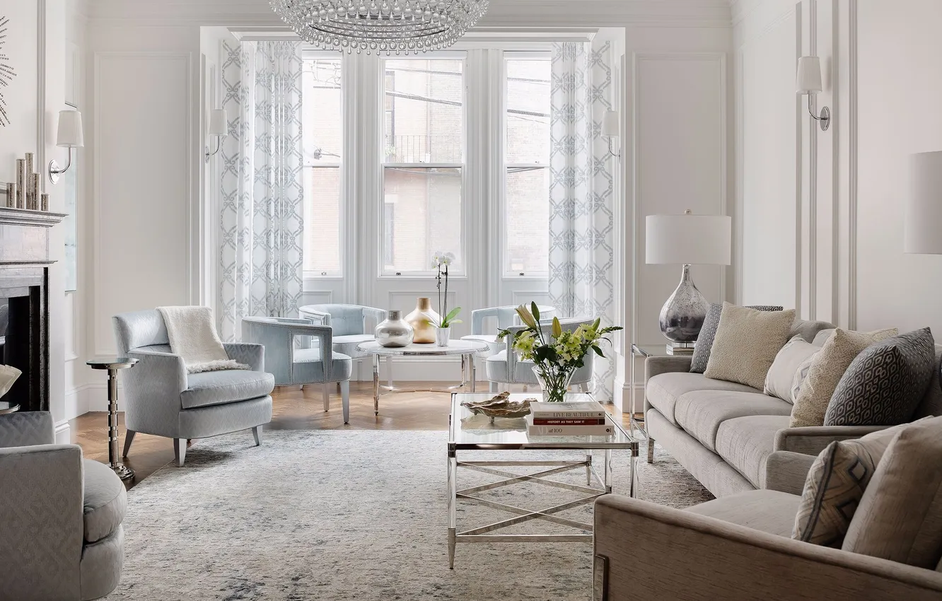 Photo wallpaper design, style, interior, fireplace, bright room, upholstered furniture, spacial awareness and furniture, cozy living room