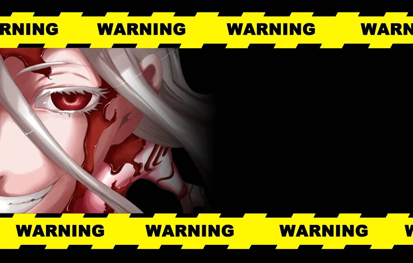 Photo wallpaper red eyes, police tape, Deadman Wonderland, in the dark, Wonderland suicide, evil eye, Shiro, hell …