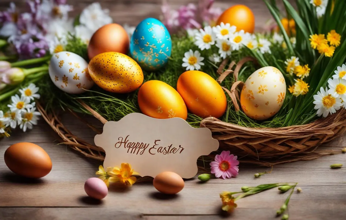 Photo wallpaper flowers, eggs, spring, colorful, Easter, flowers, spring, Easter