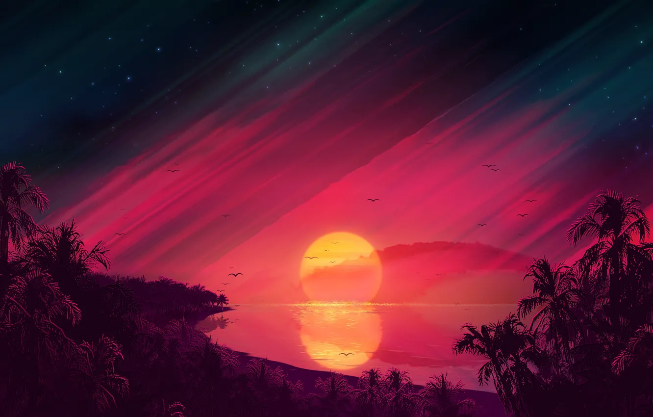Photo wallpaper Sunset, The sun, The sky, The ocean, Sea, Beach, The evening, Stars