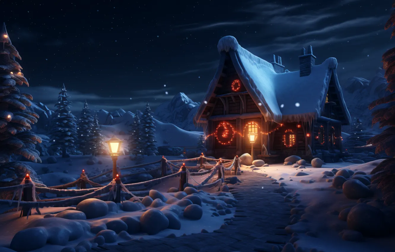 Photo wallpaper winter, snow, night, lights, New Year, Christmas, house, house