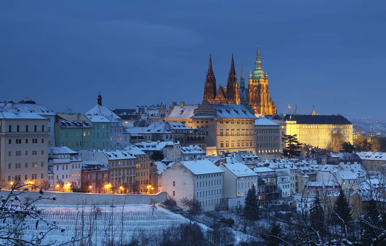 Photo wallpaper winter, roof, the sky, snow, the city, lights, blue, view