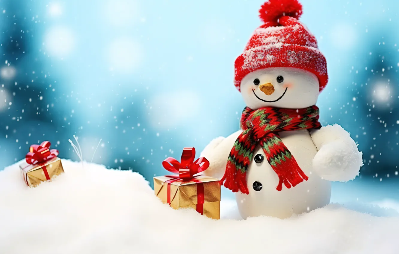 Photo wallpaper winter, snow, snowflakes, new year, Christmas, snowman, Christmas, winter