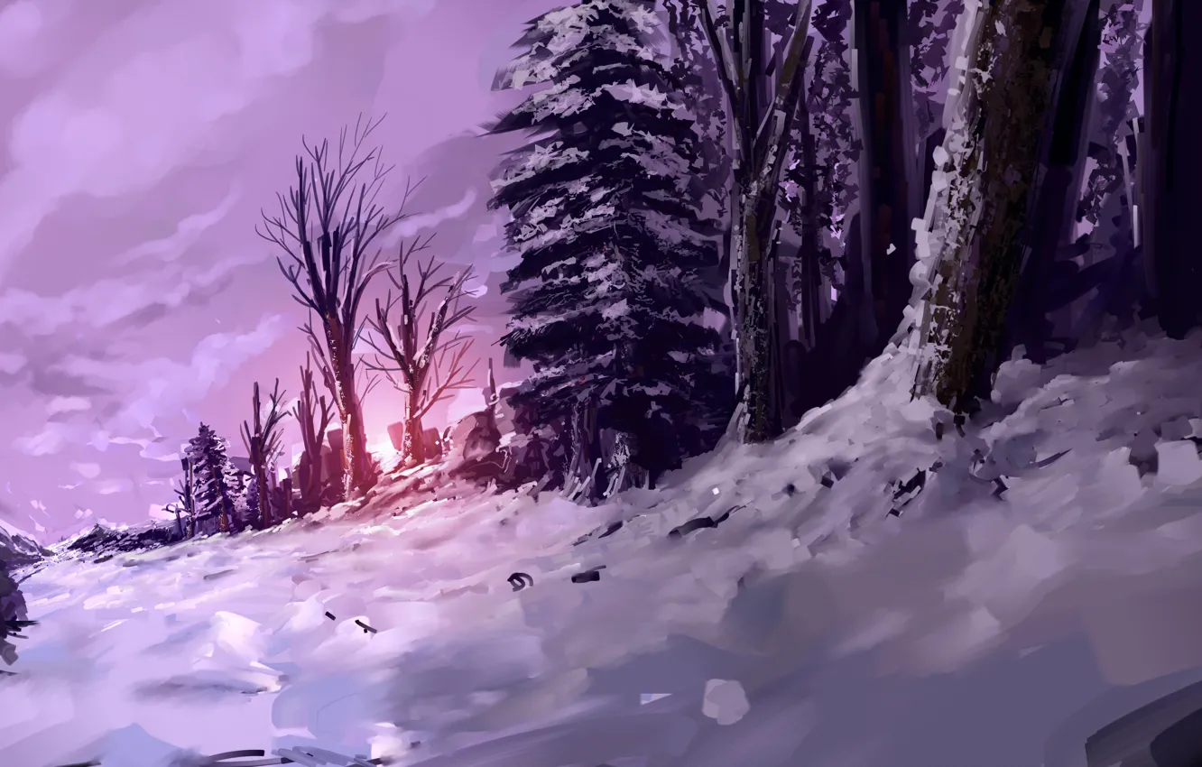 Photo wallpaper winter, forest, snow, sunset, art