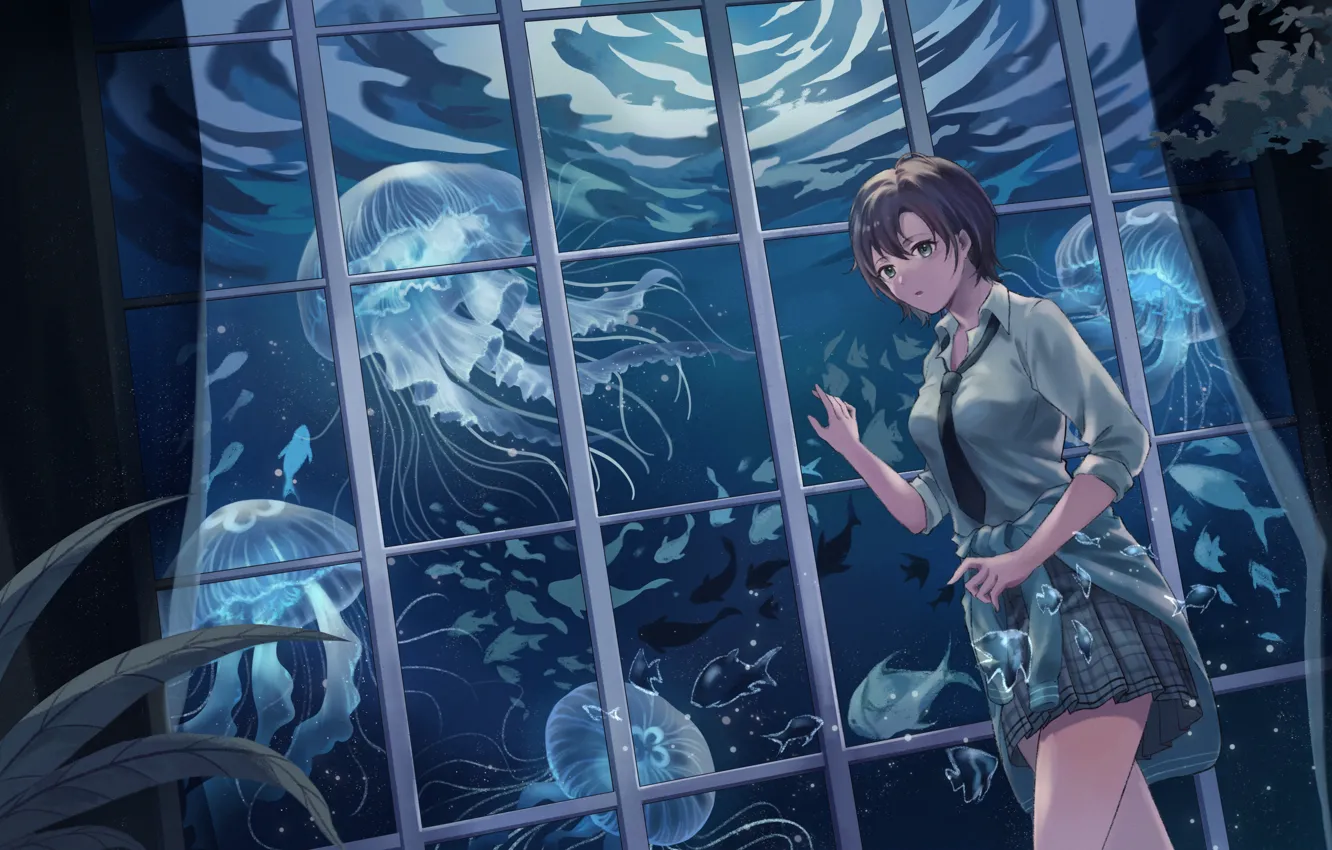 Photo wallpaper girl, fish, window, jellyfish, under water, Asakura Tooru, The iDOLM@STER: Shiny Colors