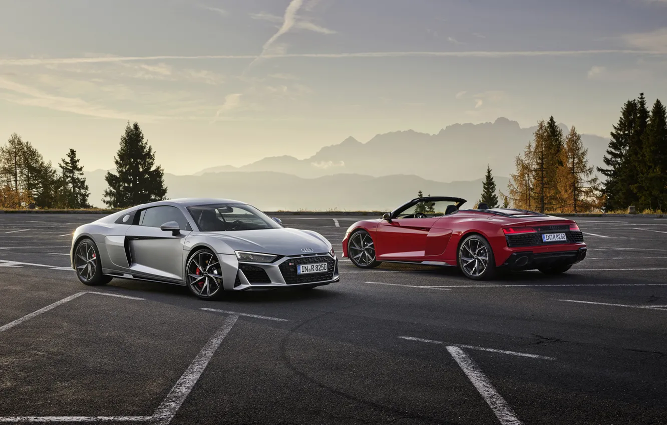 Photo wallpaper sunset, mountains, Audi, the evening, pair, Parking, Audi R8, Coupe