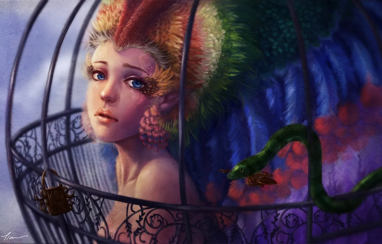 Photo wallpaper look, girl, snake, cell, feathers, key, art