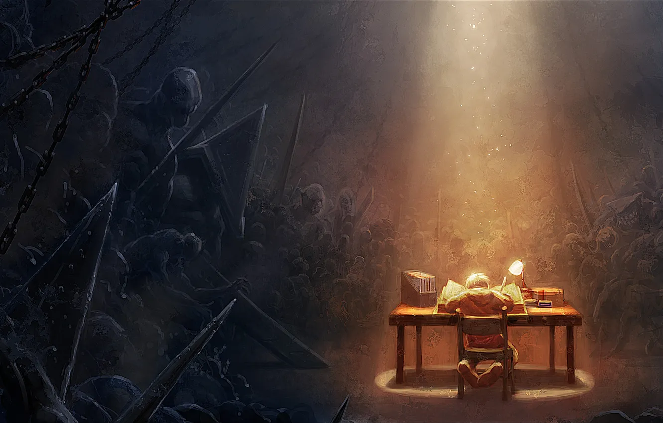 Photo wallpaper light, children, table, the darkness, lamp, monster, boy, the demon