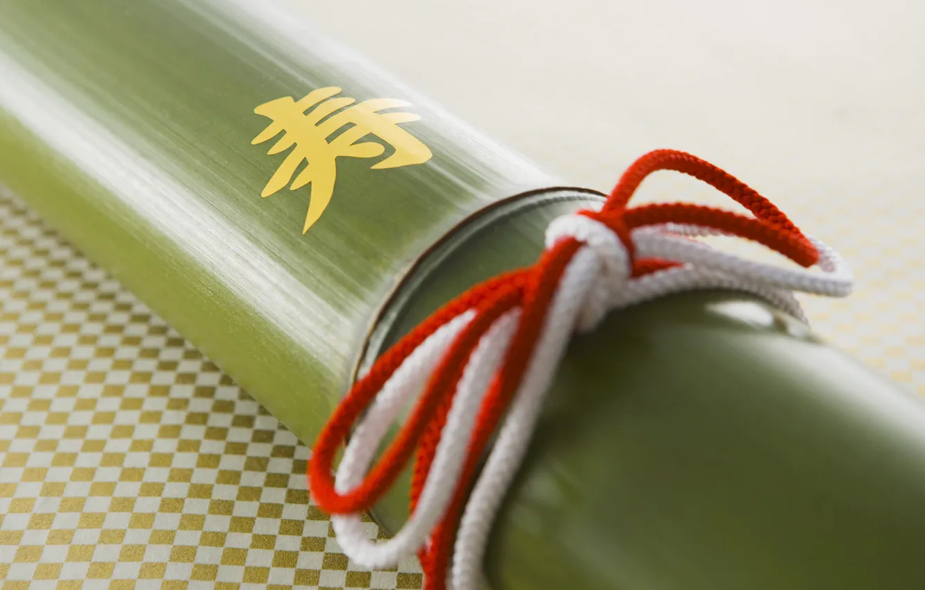 Photo wallpaper white, macro, red, bamboo, characters, bow, cord, stick