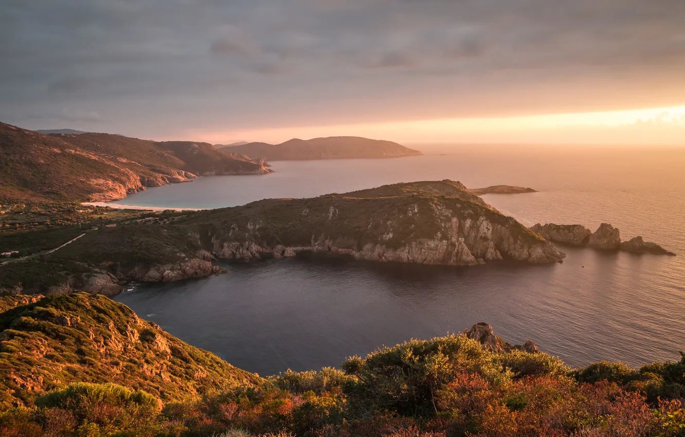 Photo wallpaper sea, rocks, dawn, coast, France, horizon, Corsica