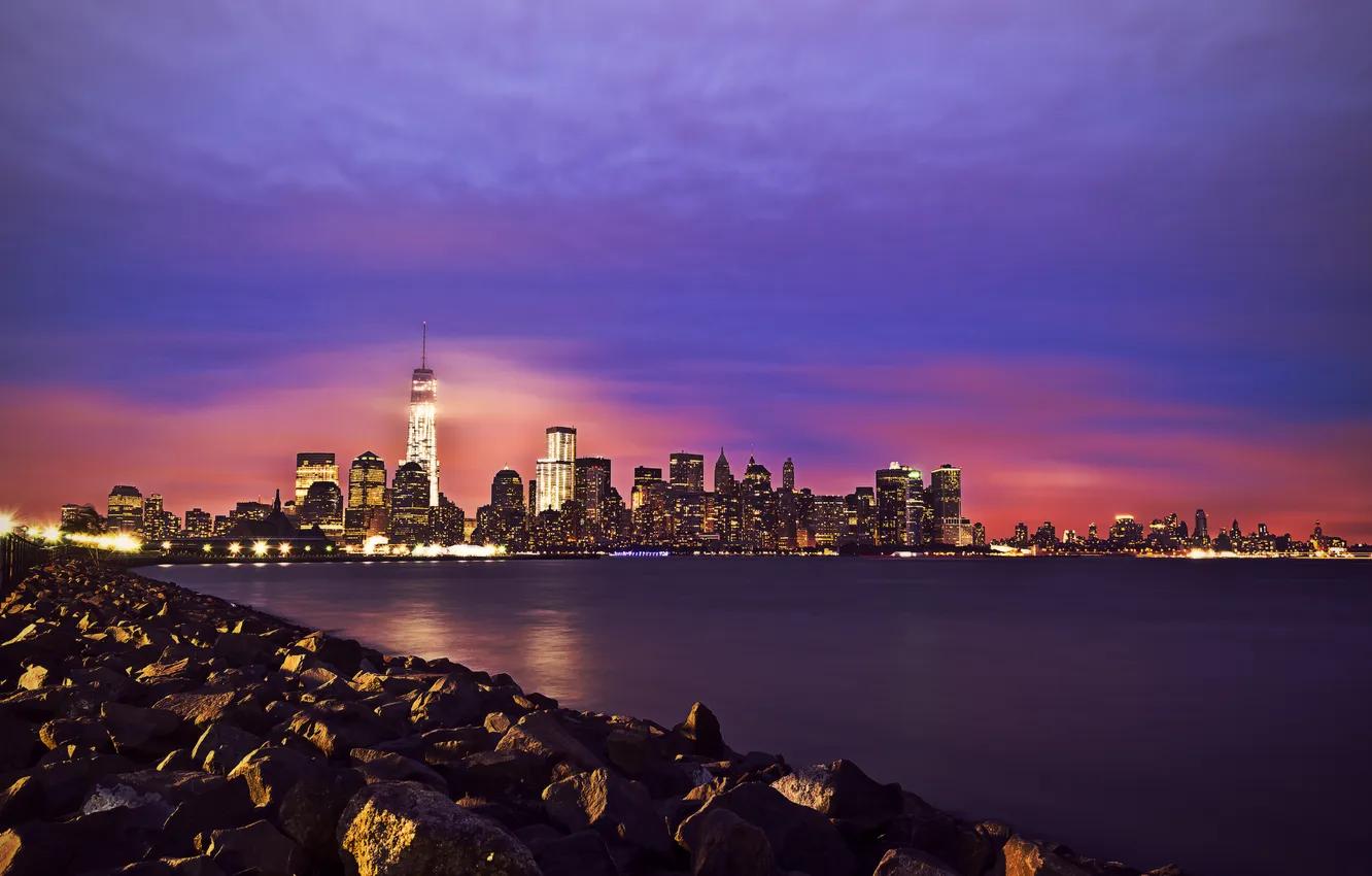 Photo wallpaper clouds, night, lights, New York, panorama, mirror, One World Trade Center, United States