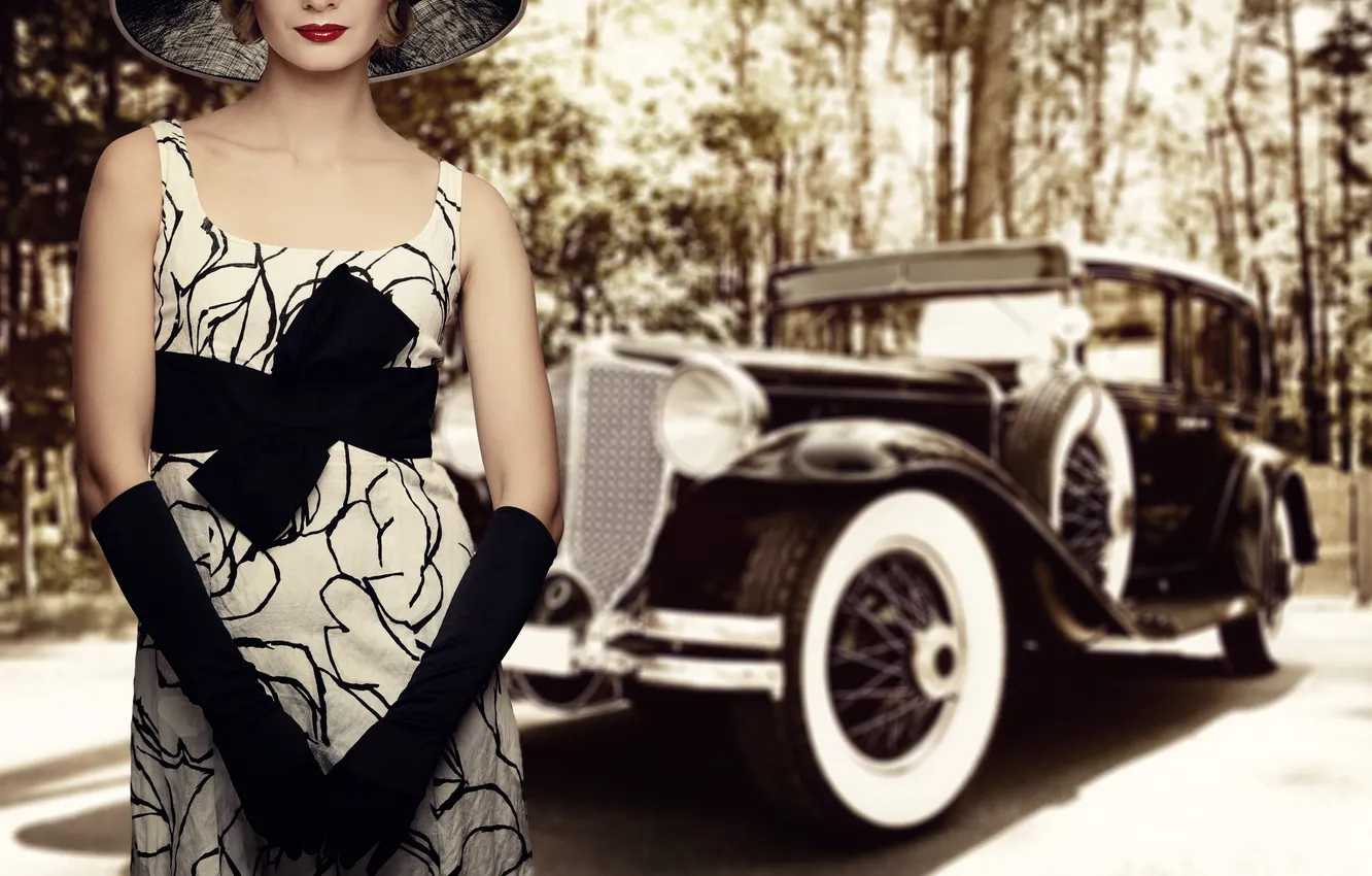 Photo wallpaper girl, dress, gloves, hat, car, vintage, vintage