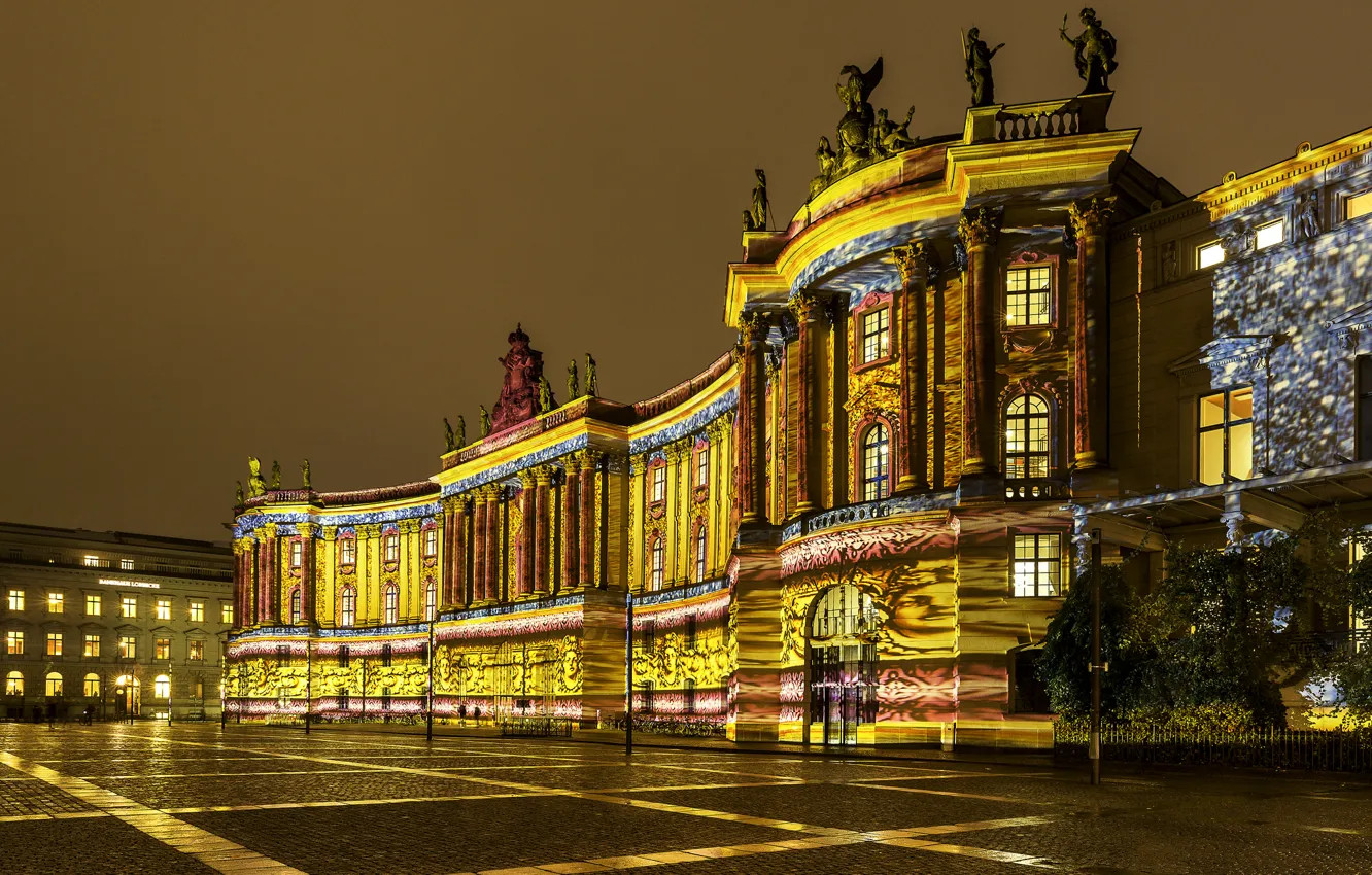 Photo wallpaper night, lights, Germany, area, Berlin, old library