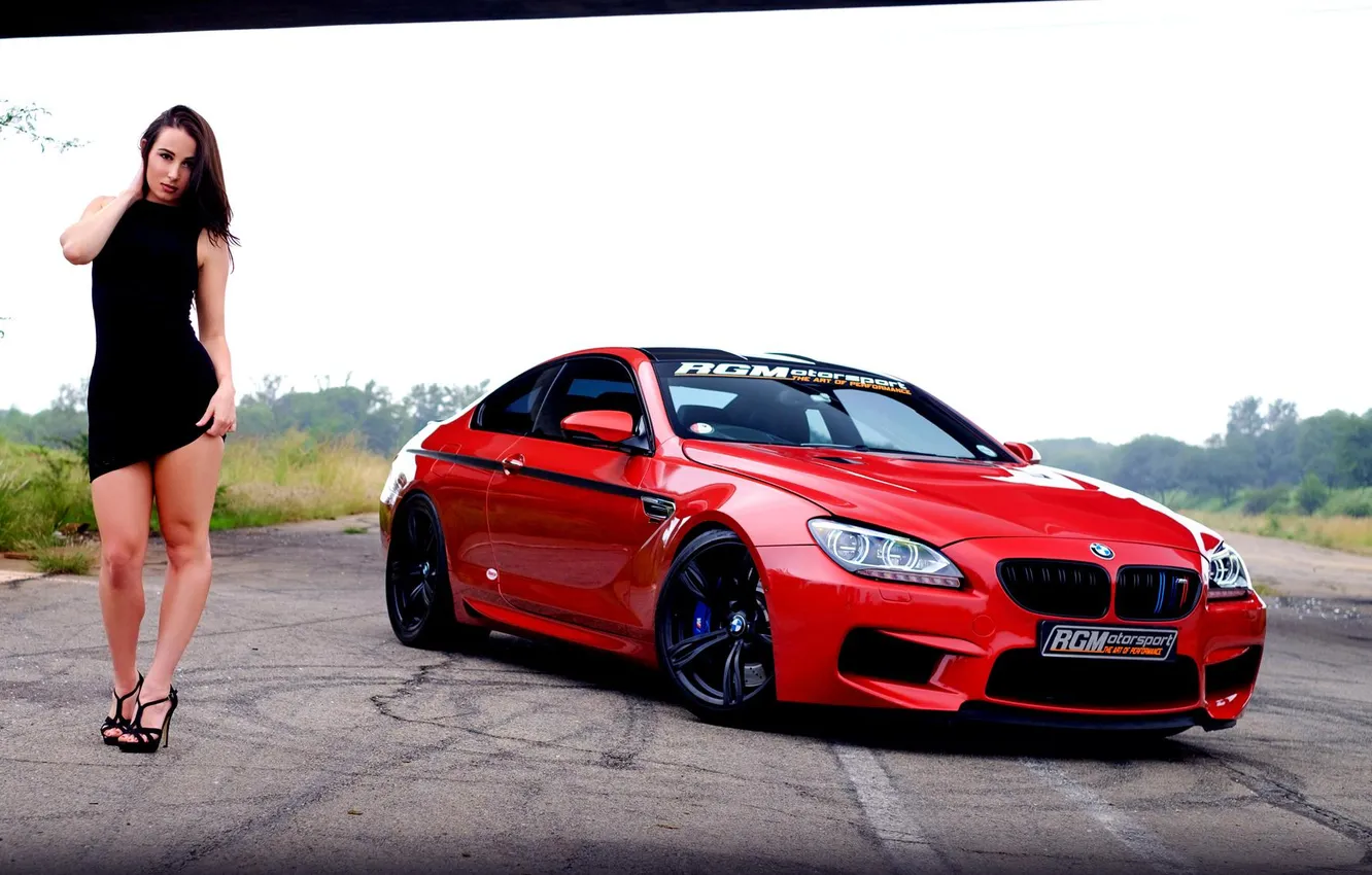 Photo wallpaper BMW, red, girl, cars, coupe