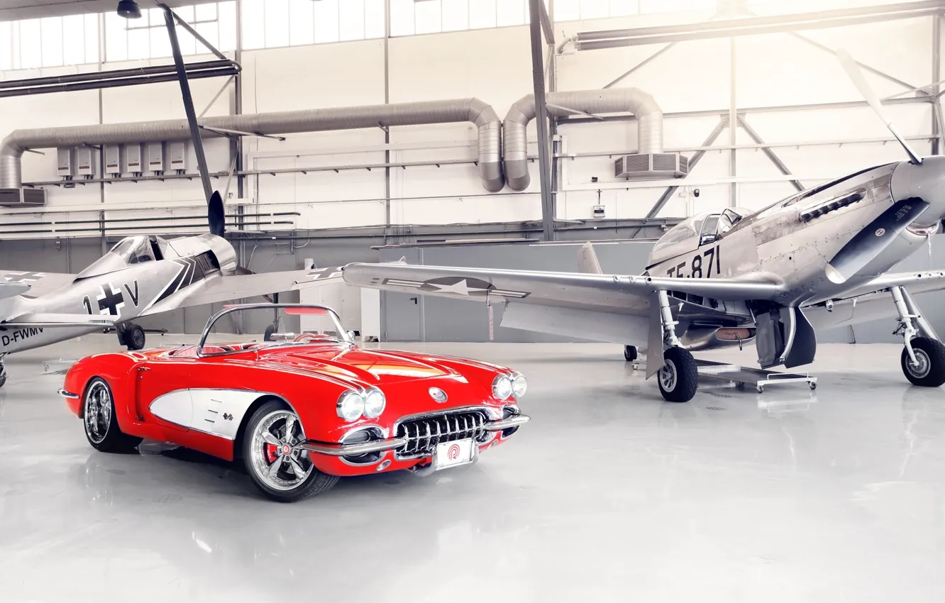 Photo wallpaper red, tuning, hangar, corvette, Chevrolet, drives, classic, chevrolet