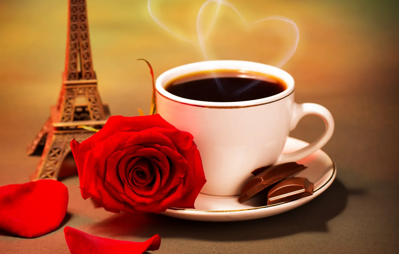 Photo wallpaper love, flowers, coffee, roses, valentine's day, Eiffel Tower, Red rose