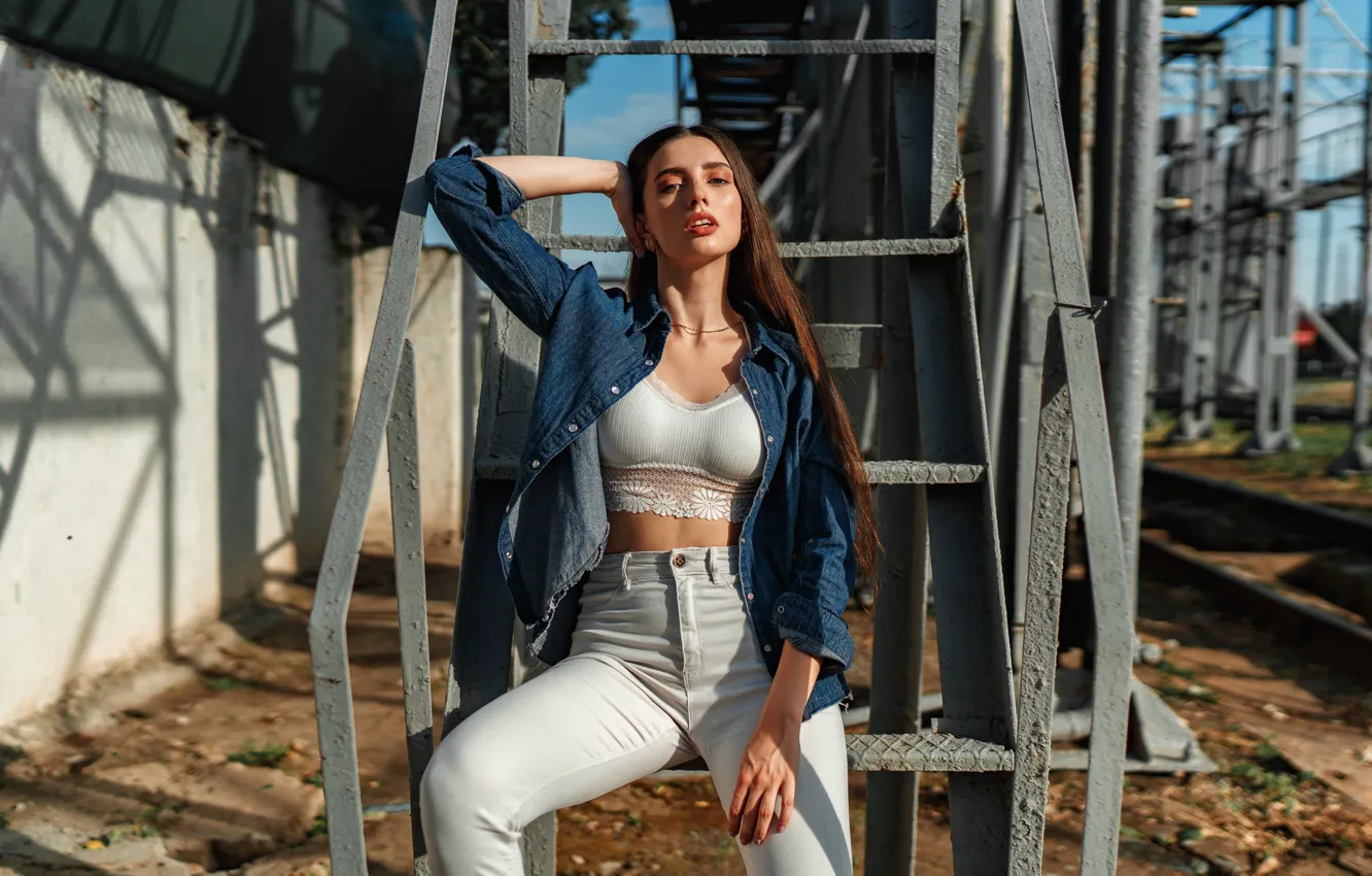 Photo wallpaper look, girl, pose, ladder, long hair, Dmitry Usmanov