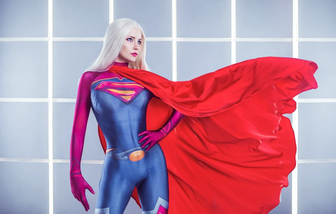 Photo wallpaper girl, cosplay, superwoman, blonde, cape, Costume