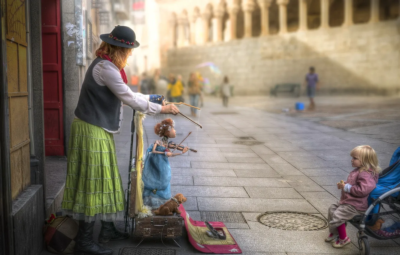 Photo wallpaper the city, people, street, doll, puppets